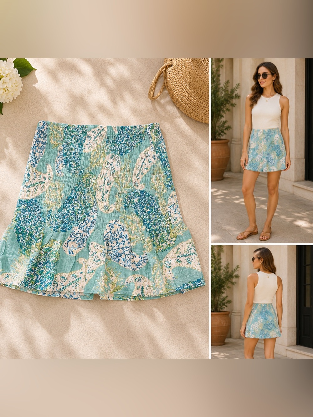 TIMING - Aqua Paisley smocked waist mini skirt NWT